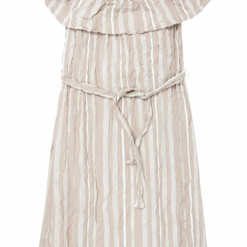 ICHI Women's Beige Striped Off Shoulder Midi Dress L