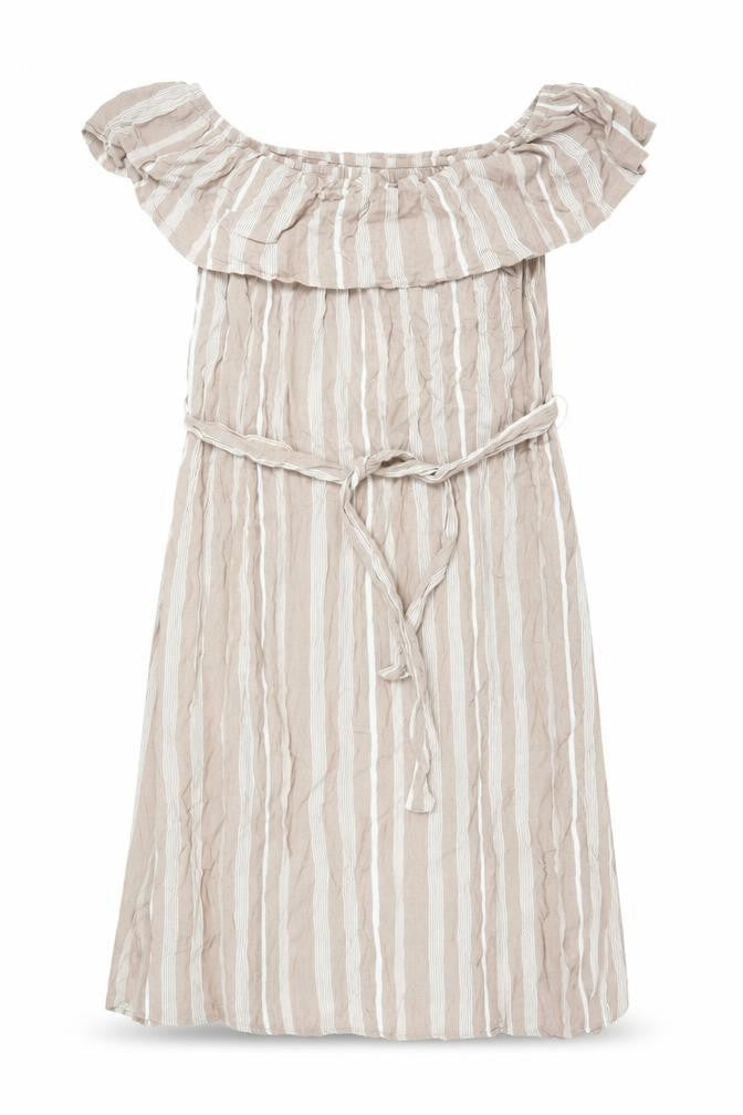 ICHI Women's Beige Striped Off Shoulder Midi Dress L