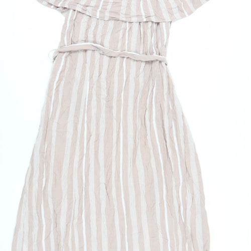 ICHI Women's Beige Striped Off Shoulder Midi Dress L