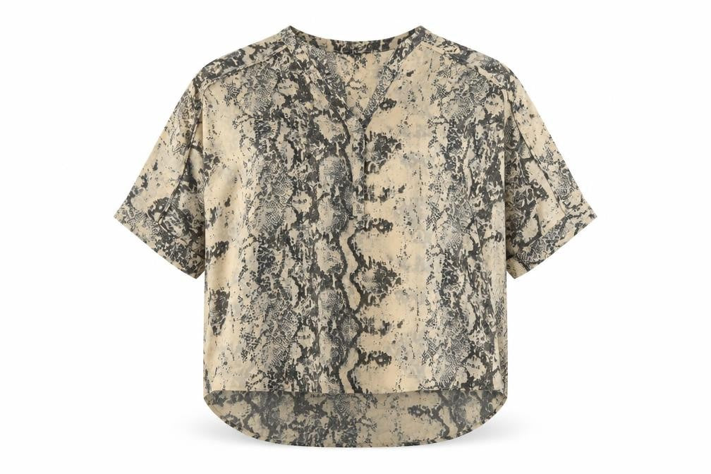 Front view of Next Women's Beige Animal Print Blouse, size 12, Casual