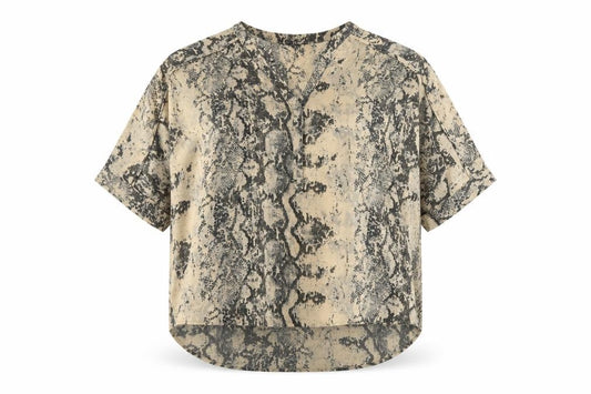 Front view of Next Women's Beige Animal Print Blouse, size 12, Casual