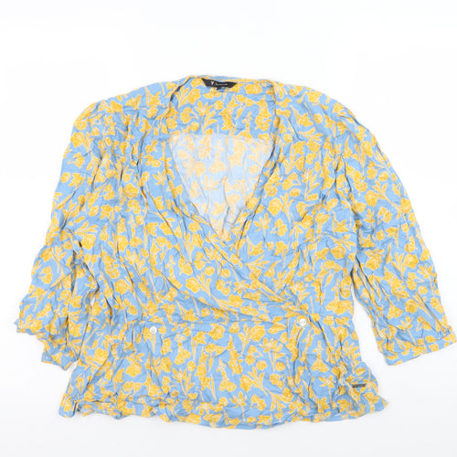 Van Heusen Womens Blue Floral Wrap Blouse Size S