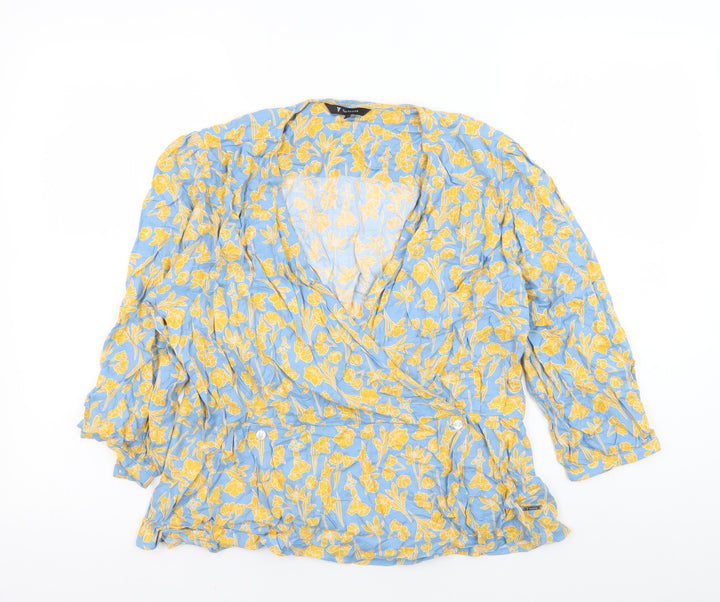 Van Heusen Womens Blue Floral Wrap Blouse Size S