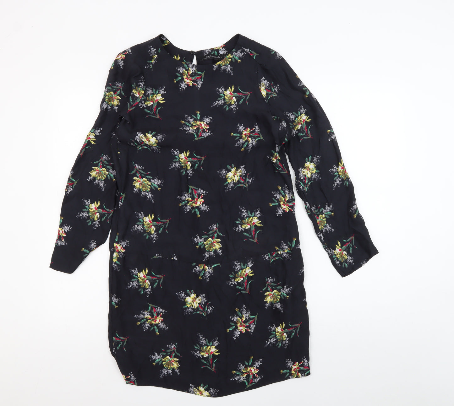 Zara Women's Black Floral Silk Shift Dress Size S