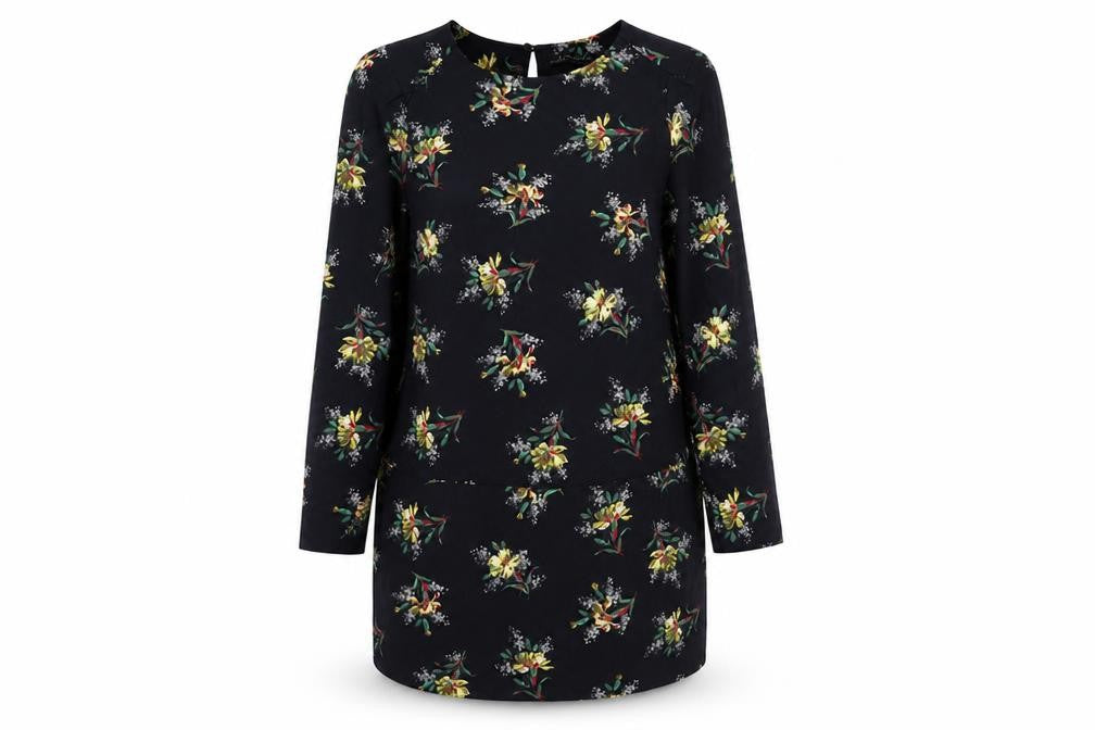 Front view of Zara Women's Black Floral Silk Shift Dress, size S