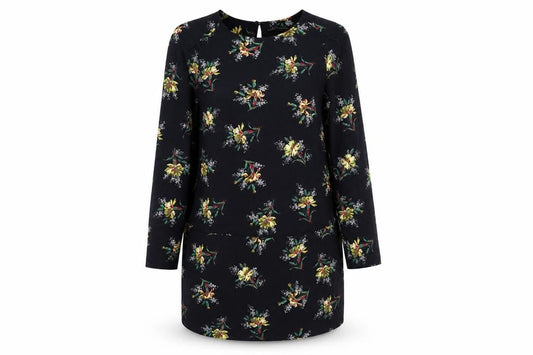 Front view of Zara Women's Black Floral Silk Shift Dress, size S