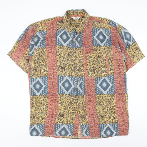 Pure Silk Men's Multicoloured Geometric Silk Shirt - Large