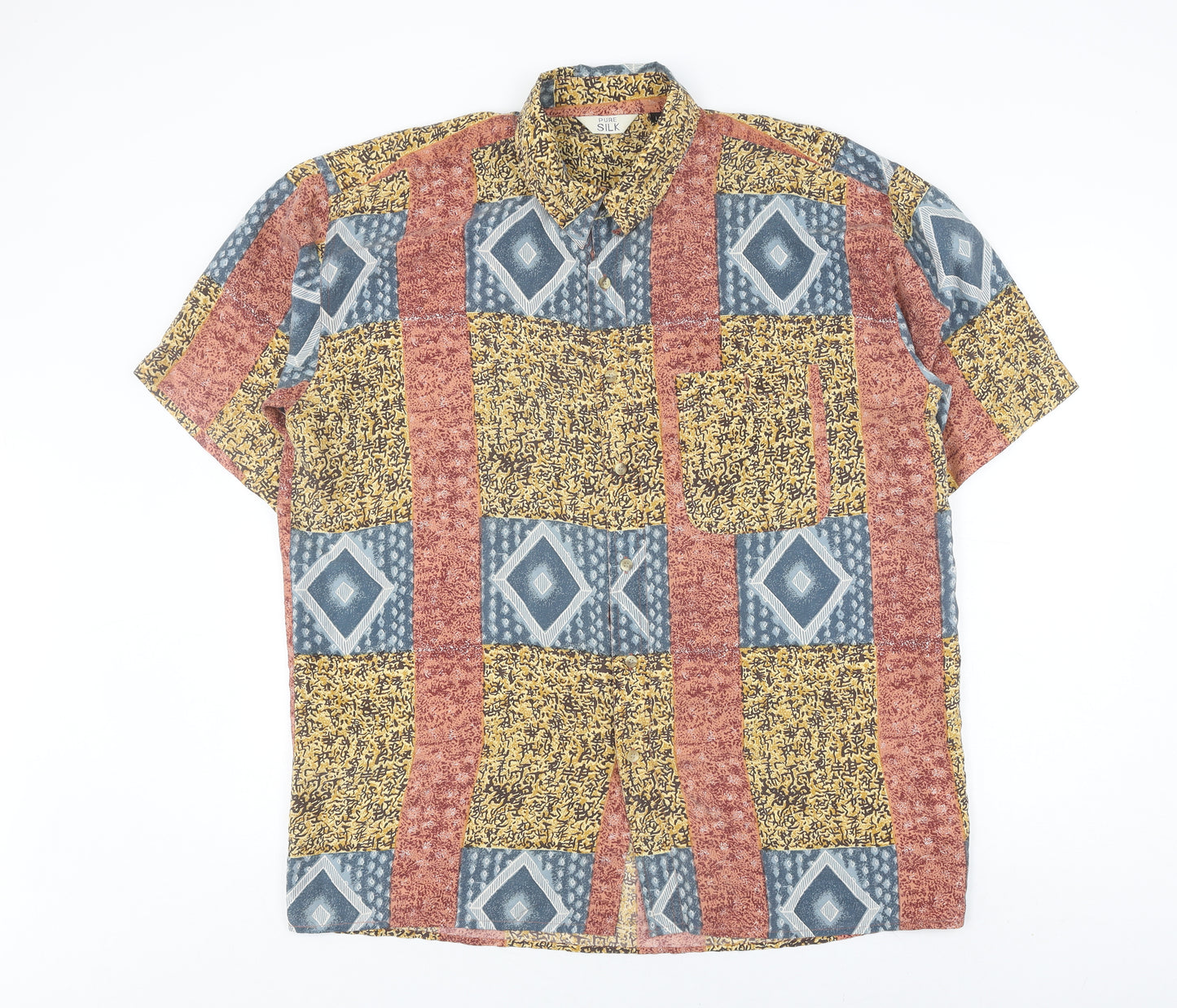 Pure Silk Men's Multicoloured Geometric Silk Shirt - Large