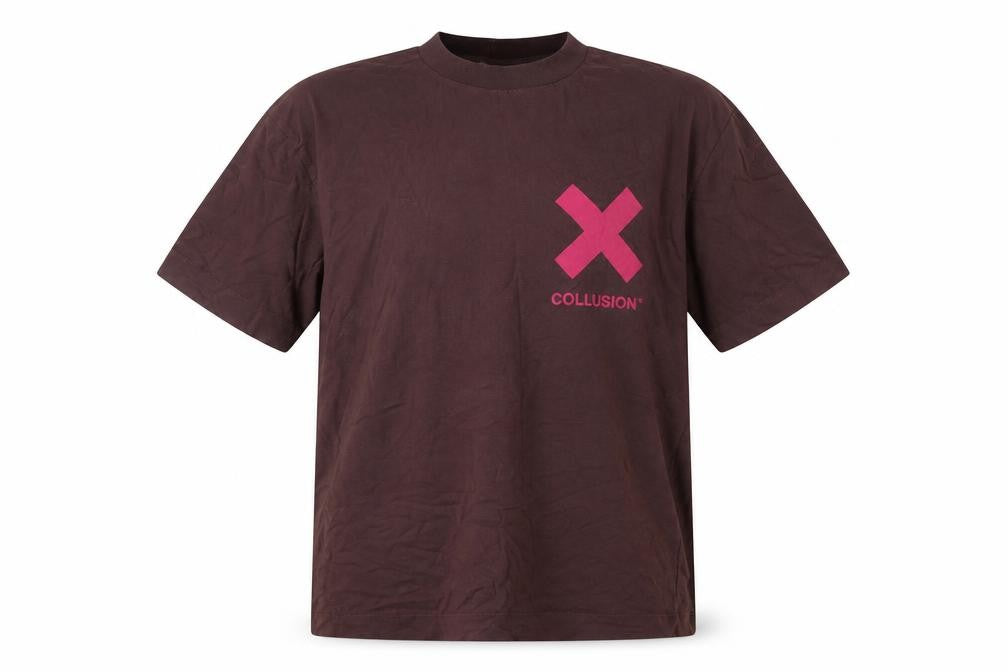 Front view of Collusion Men's Brown Cotton Logo T-Shirt - M