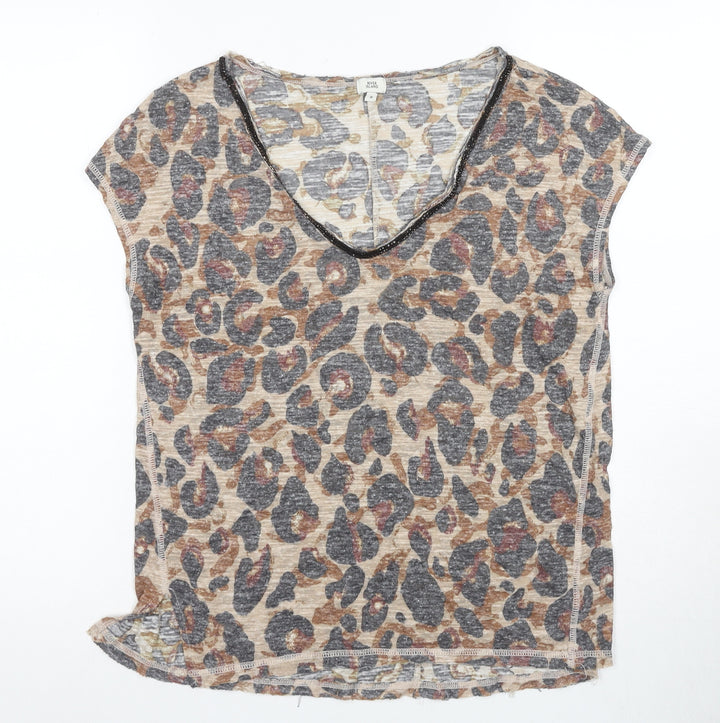 River Island Women's Beige Animal Print V-Neck T-Shirt