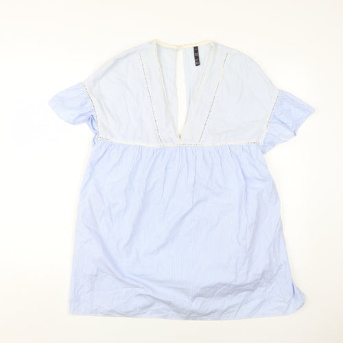 Zara Women's Blue Striped V-Neck Flutter Sleeve Dress M
