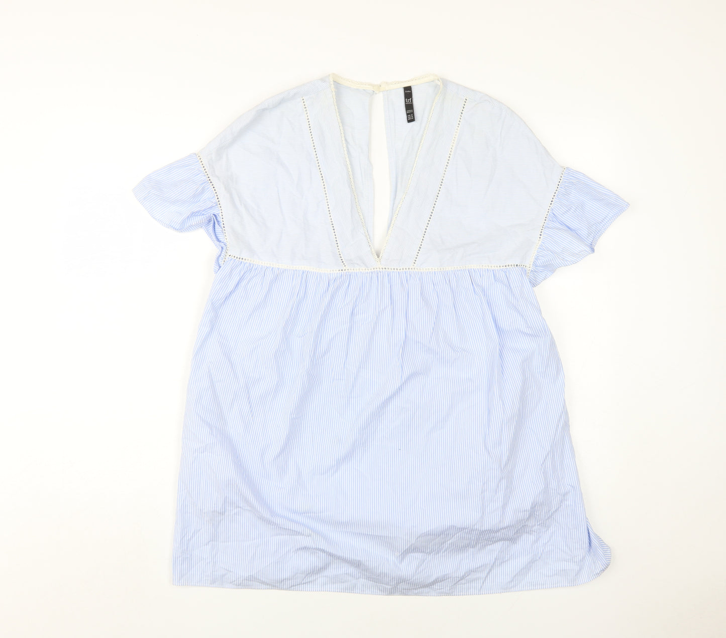 Zara Women's Blue Striped V-Neck Flutter Sleeve Dress M