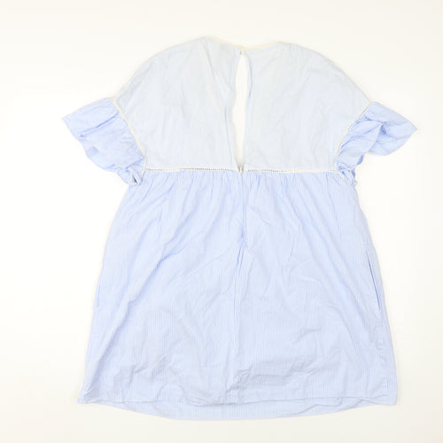 Zara Women's Blue Striped V-Neck Flutter Sleeve Dress M