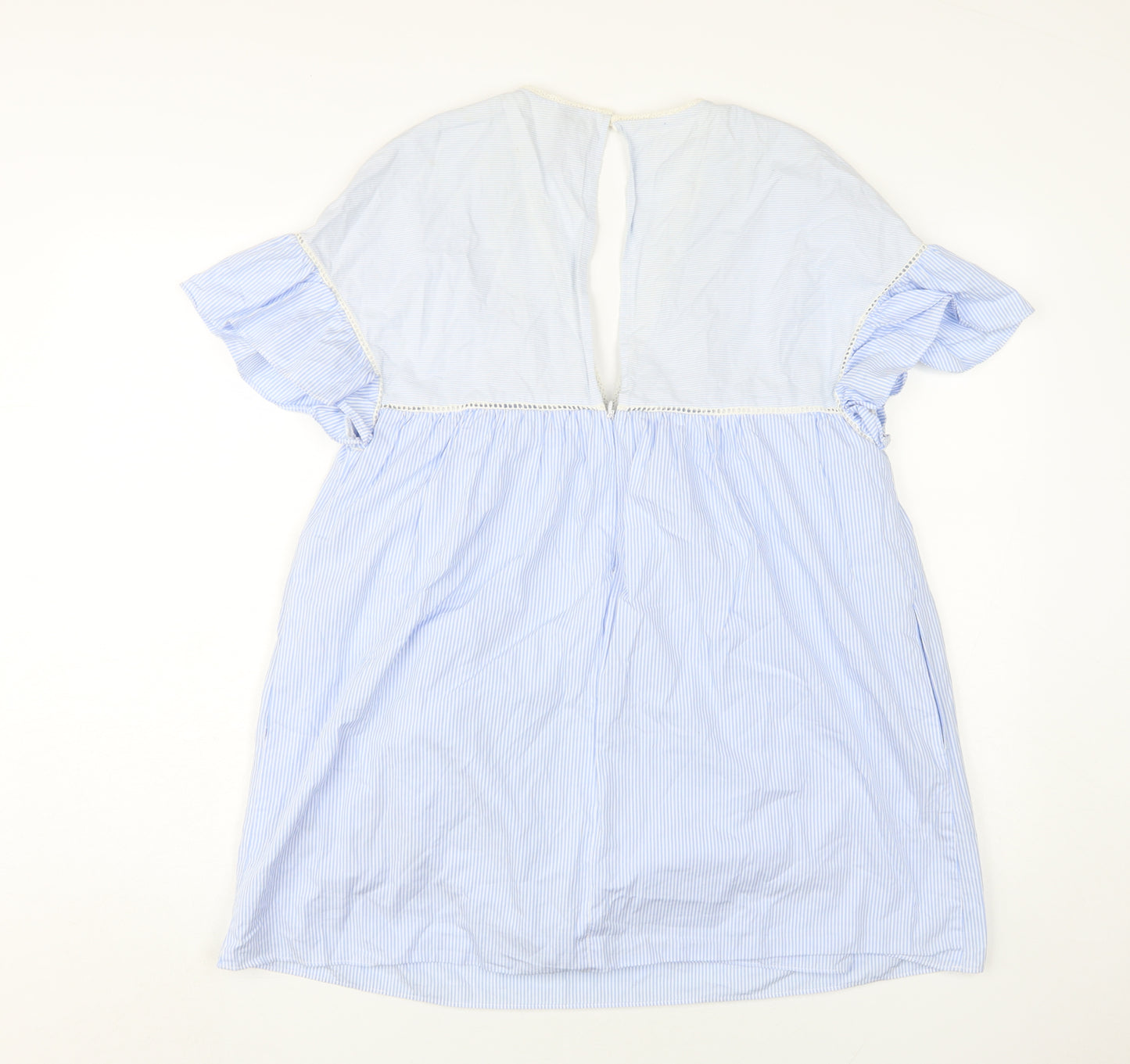 Zara Women's Blue Striped V-Neck Flutter Sleeve Dress M