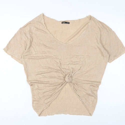 Pull&Bear Women's Beige Linen V-Neck T-Shirt L
