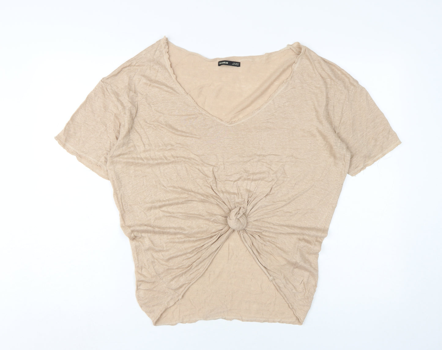 Pull&Bear Women's Beige Linen V-Neck T-Shirt L