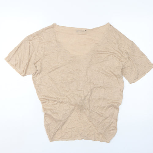 Pull&Bear Women's Beige Linen V-Neck T-Shirt L