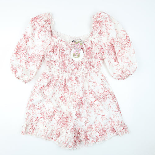 boohoo Women's White Floral Playsuit Size 12 Puff Sleeve