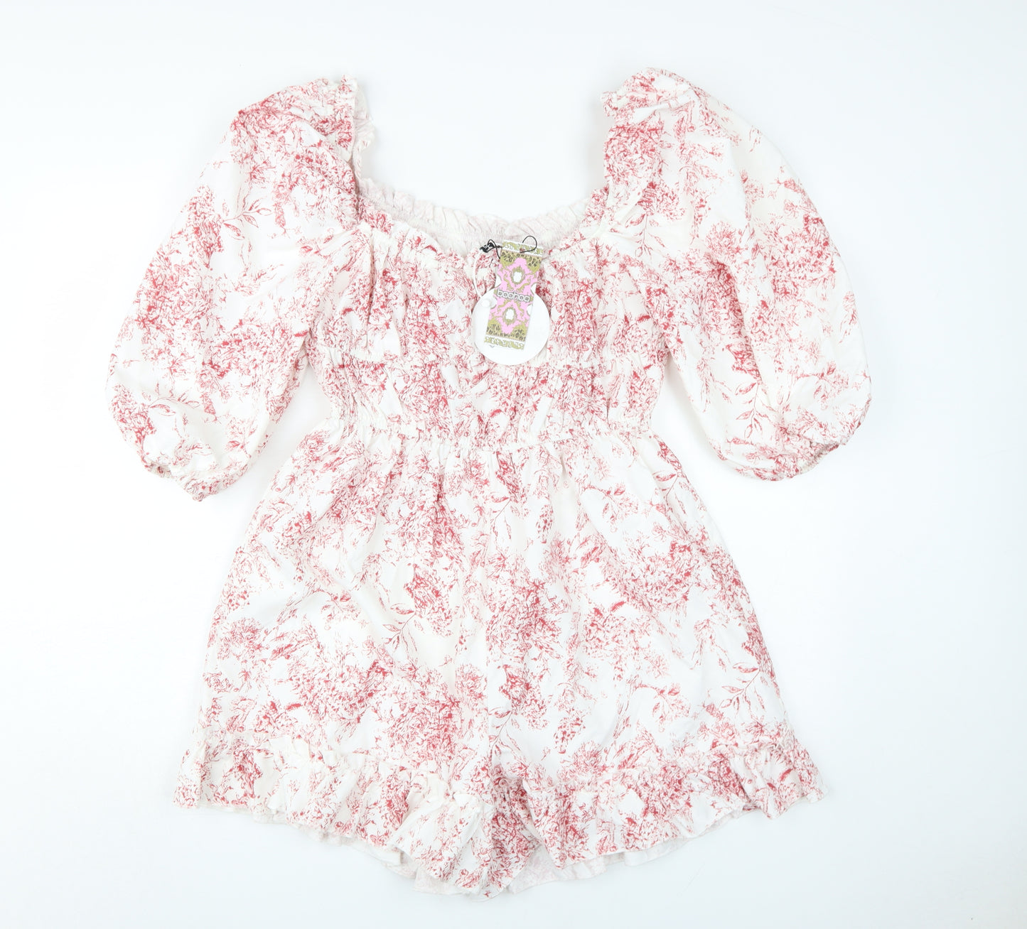 boohoo Women's White Floral Playsuit Size 12 Puff Sleeve