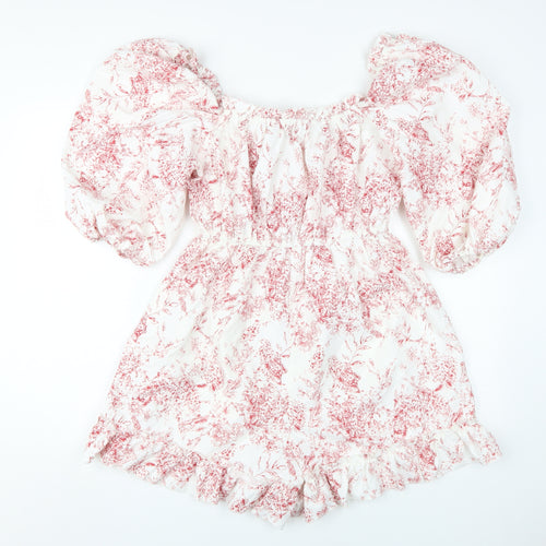 boohoo Women's White Floral Playsuit Size 12 Puff Sleeve