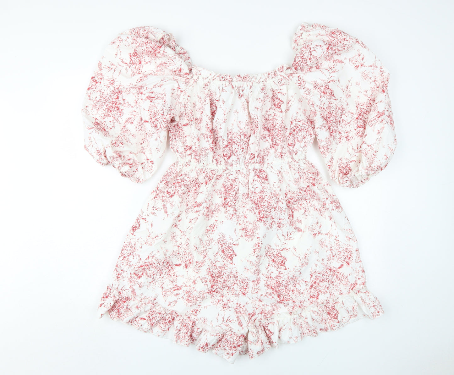 boohoo Women's White Floral Playsuit Size 12 Puff Sleeve