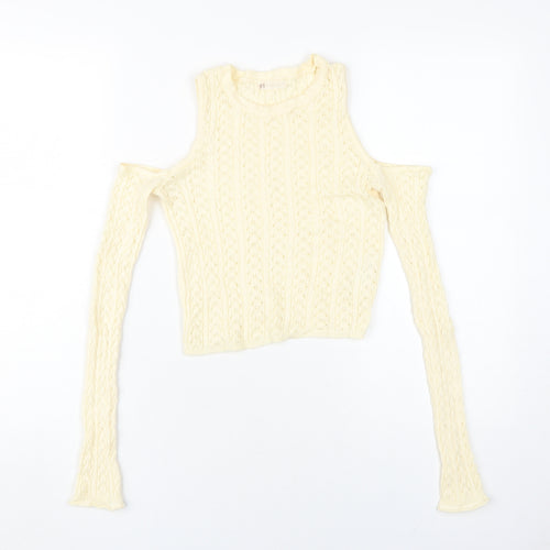 STR Women's Beige Cropped Cold Shoulder Knit Top