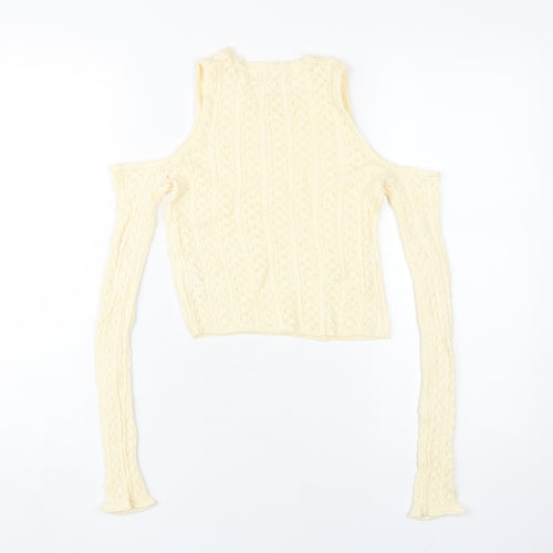 STR Women's Beige Cropped Cold Shoulder Knit Top
