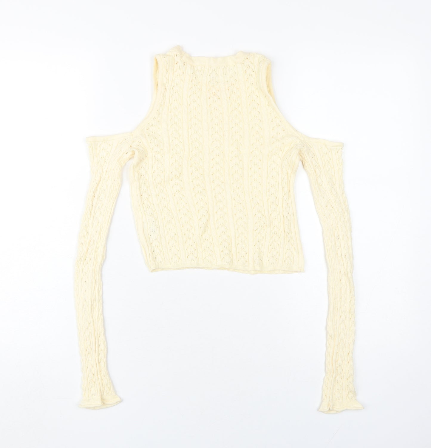 STR Women's Beige Cropped Cold Shoulder Knit Top
