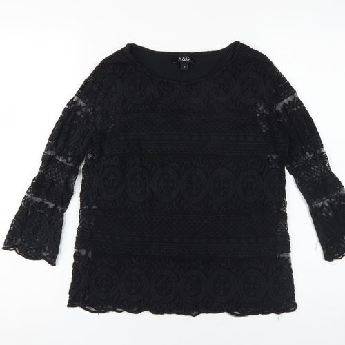 A&G Women's Black Lace Blouse S Classic Bell Sleeve