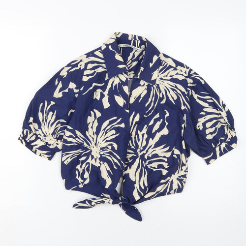 Zara Women's Blue Beige Floral Cropped Blouse XS