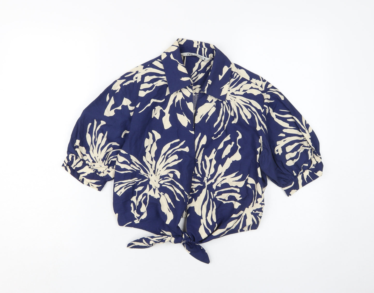 Zara Women's Blue Beige Floral Cropped Blouse XS