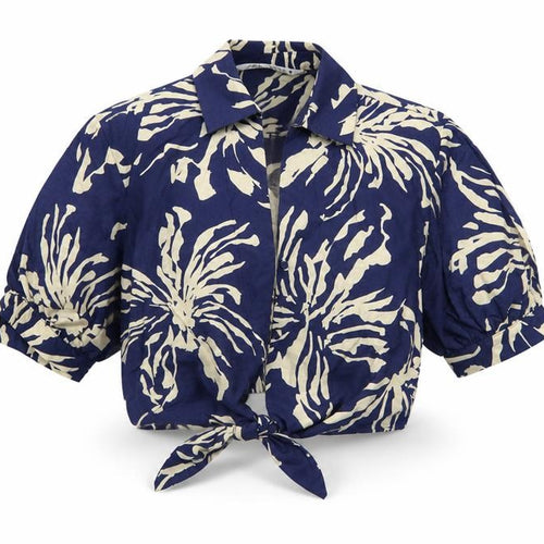 Zara Women's Blue Beige Floral Cropped Blouse XS