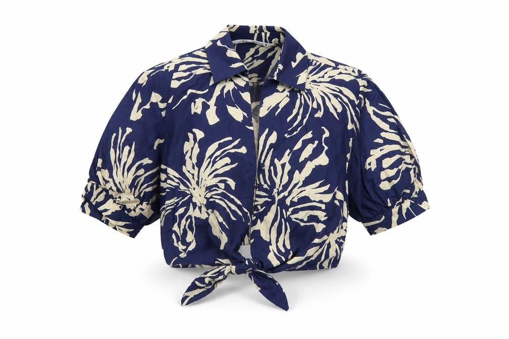 Zara Women's Blue Beige Floral Cropped Blouse XS