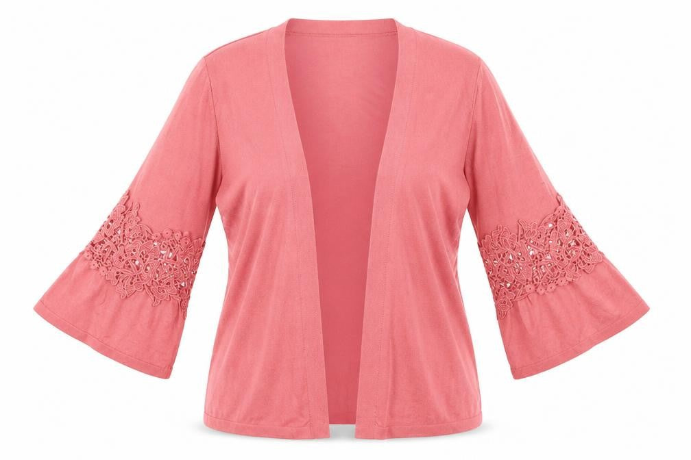Front view of M&Co Women's Pink Bell Sleeve Cardigan, size 12