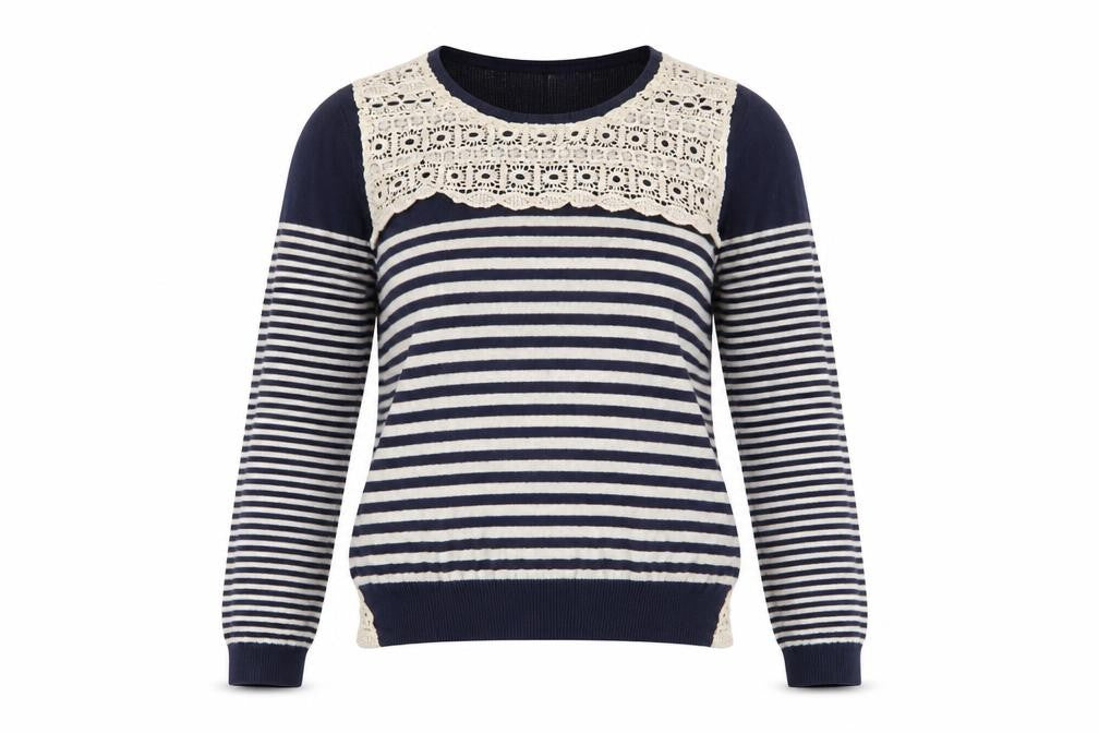 Front view of Ken Women's Blue Striped jumper, size S