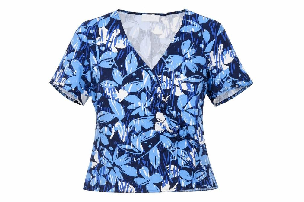 Front view of Eastex Women's Blue Floral Wrap Blouse -, size 10