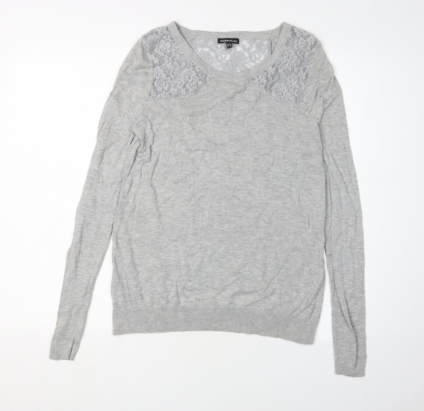 Warehouse Women's Grey Lace Pullover Jumper, Size 8