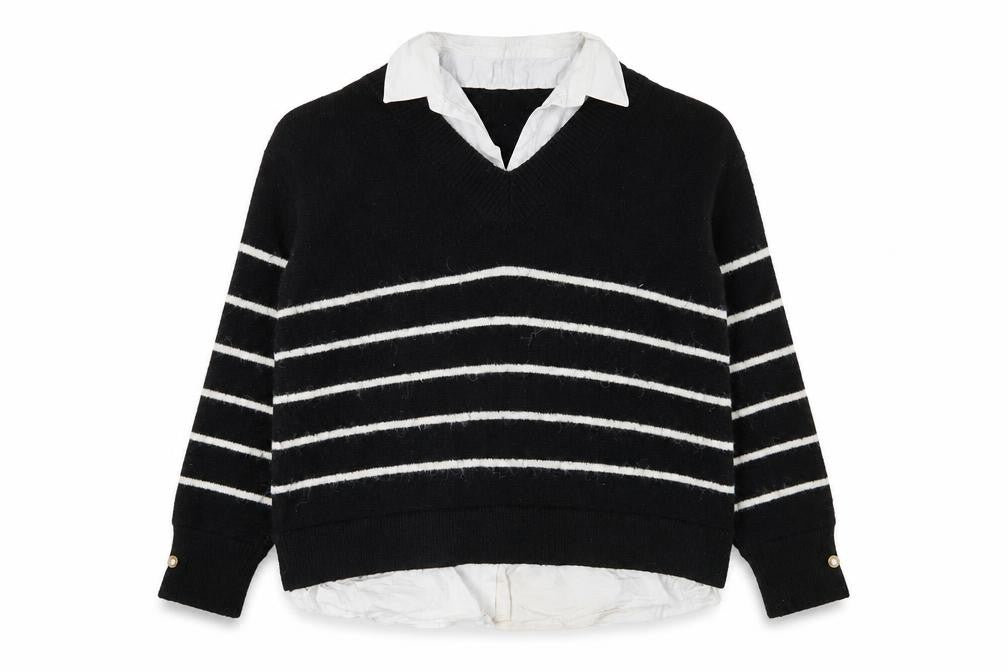 Front view of In Other Words Women's Black Striped Knit Jumper S
