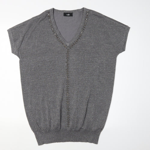 Wallis Women's Grey Beaded V-Neck Pullover Jumper M