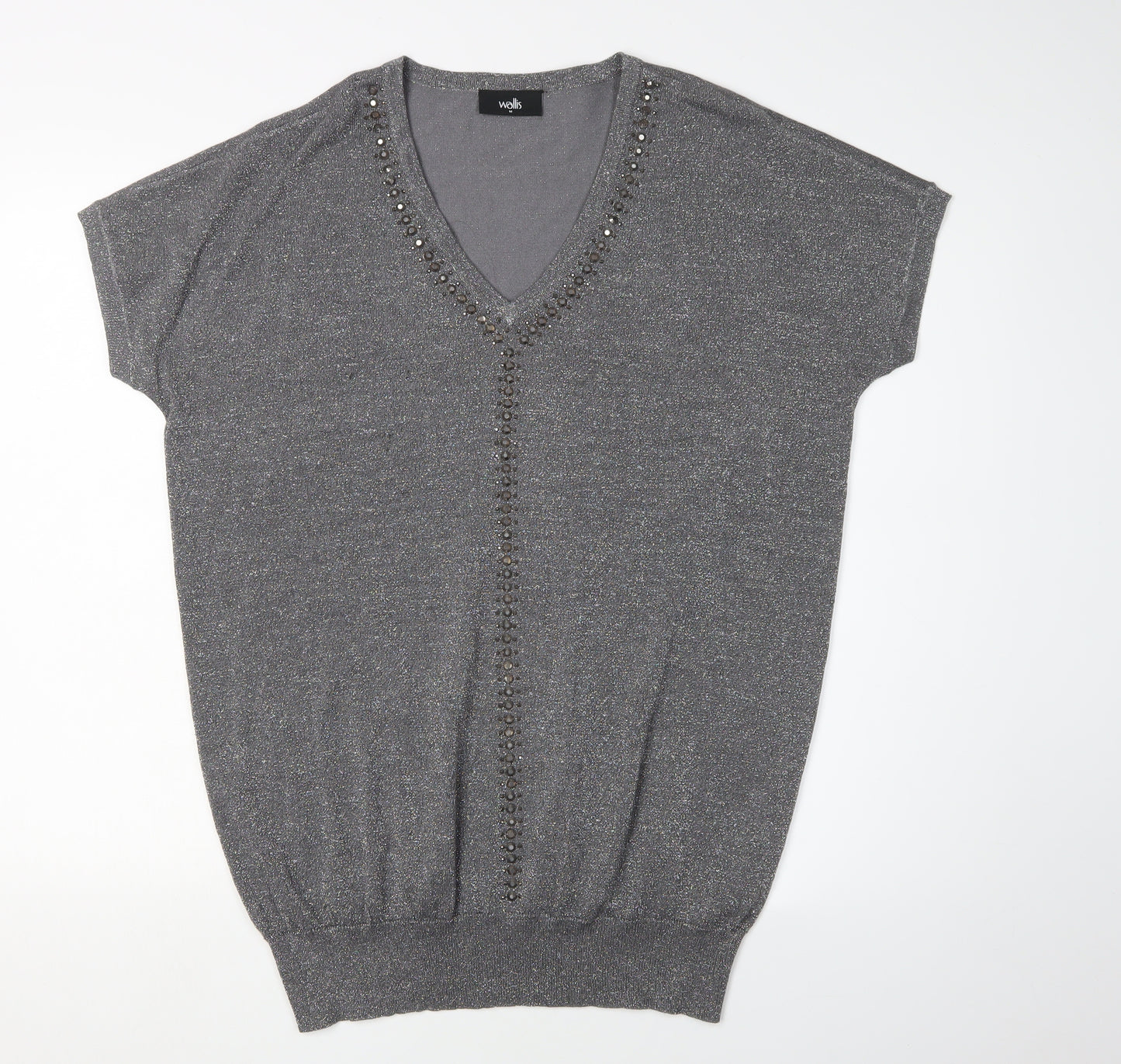 Wallis Women's Grey Beaded V-Neck Pullover Jumper M