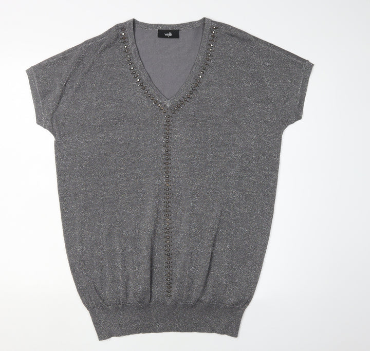 Wallis Women's Grey Beaded V-Neck Pullover Jumper M