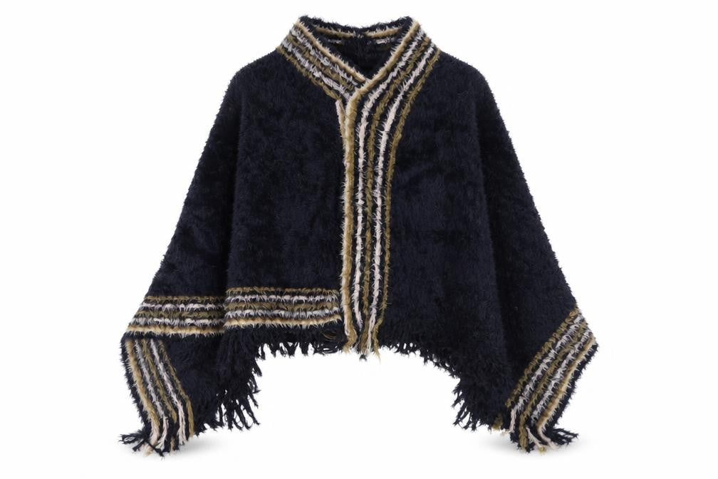 Front view of Izabel London Women's Navy Open-Knit Cape Jumper
