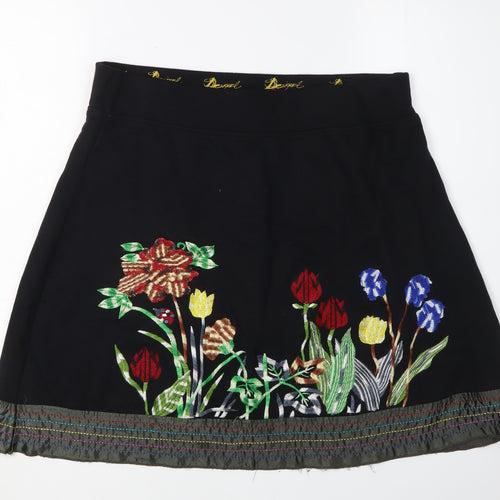 Desigual Women's Black Floral Embroidered Skirt L