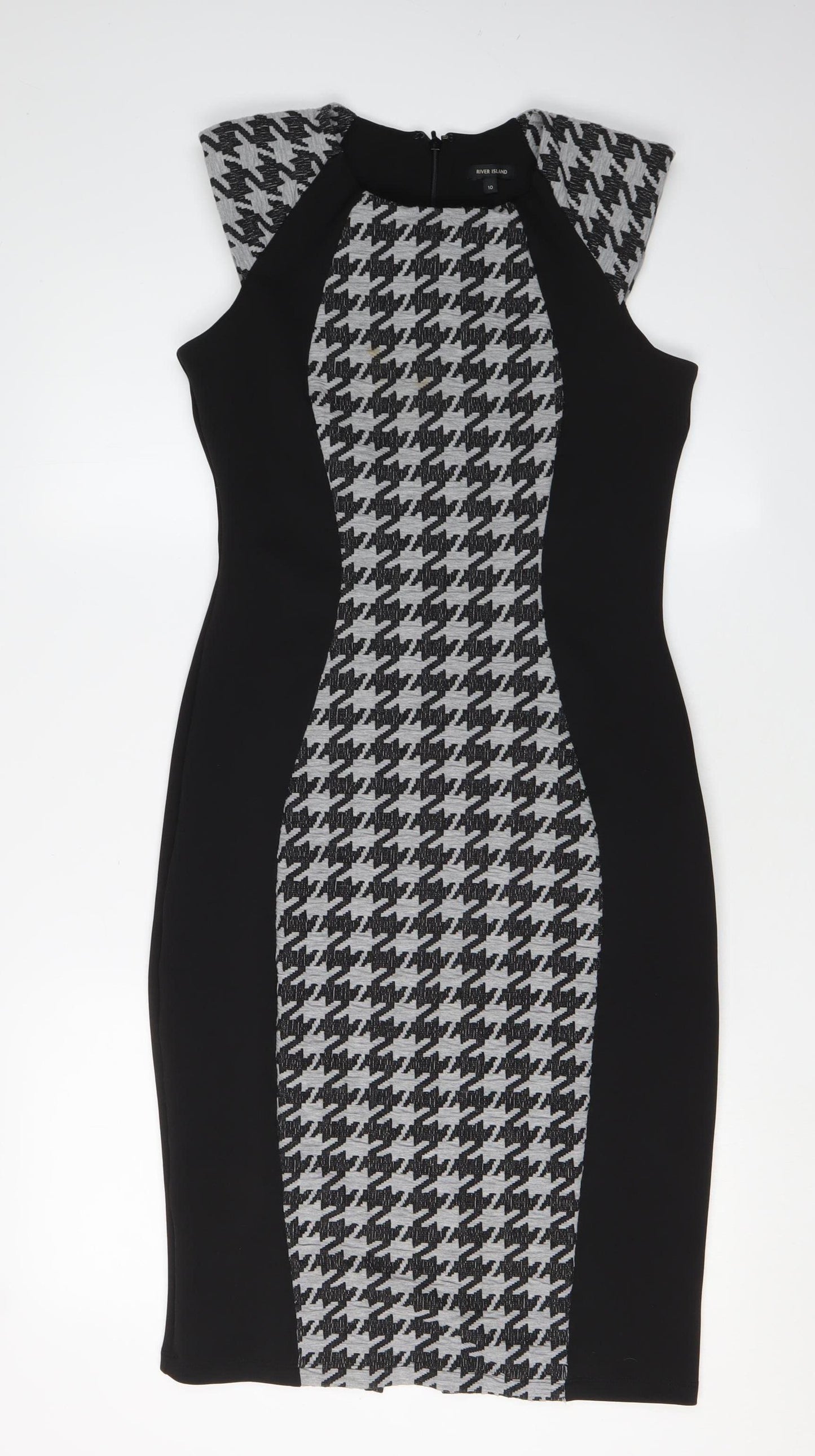 River Island Women's Black Houndstooth Bodycon Dress Size 10