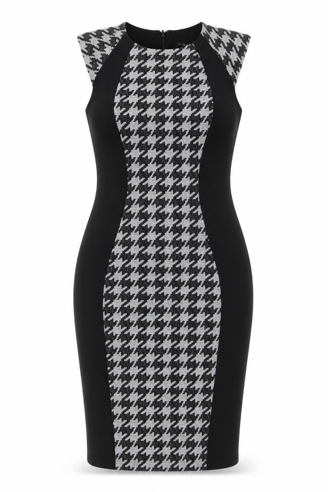Front view of River Island Women's Black Houndstooth Bodycon Dress, size 10