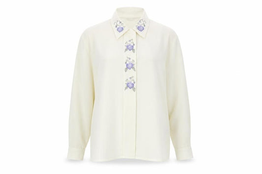 Front view of Eastex Women's Ivory Button-Up Shirt, size 12, Embroidered