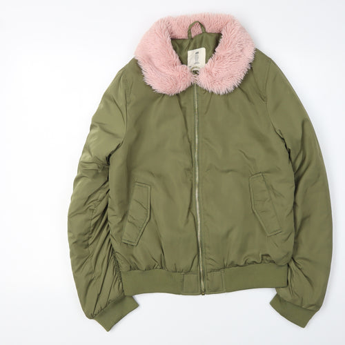H&M Girls Green Bomber Jacket 13-14Y with Fur Trim