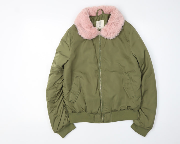 H&M Girls Green Bomber Jacket 13-14Y with Fur Trim