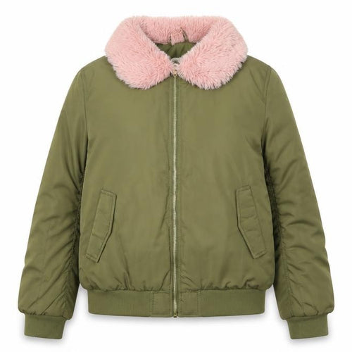 H&M Girls Green Bomber Jacket 13-14Y with Fur Trim