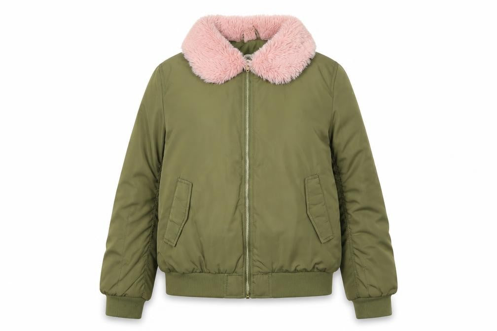 H&M Girls Green Bomber Jacket 13-14Y with Fur Trim
